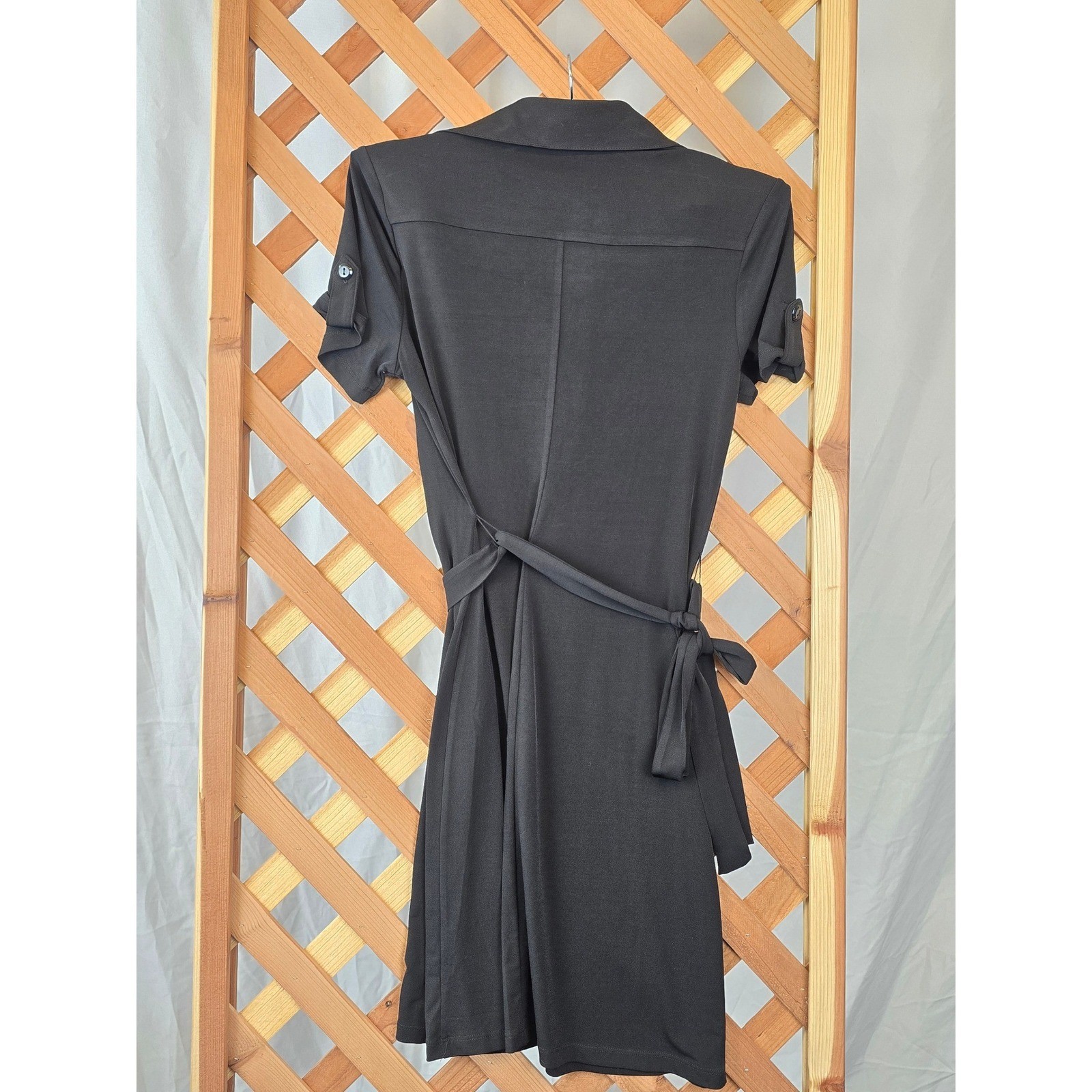 En Focus Studio Shirt Dress Womens 6 Black Short Sleeve Belted Safari -Excellent