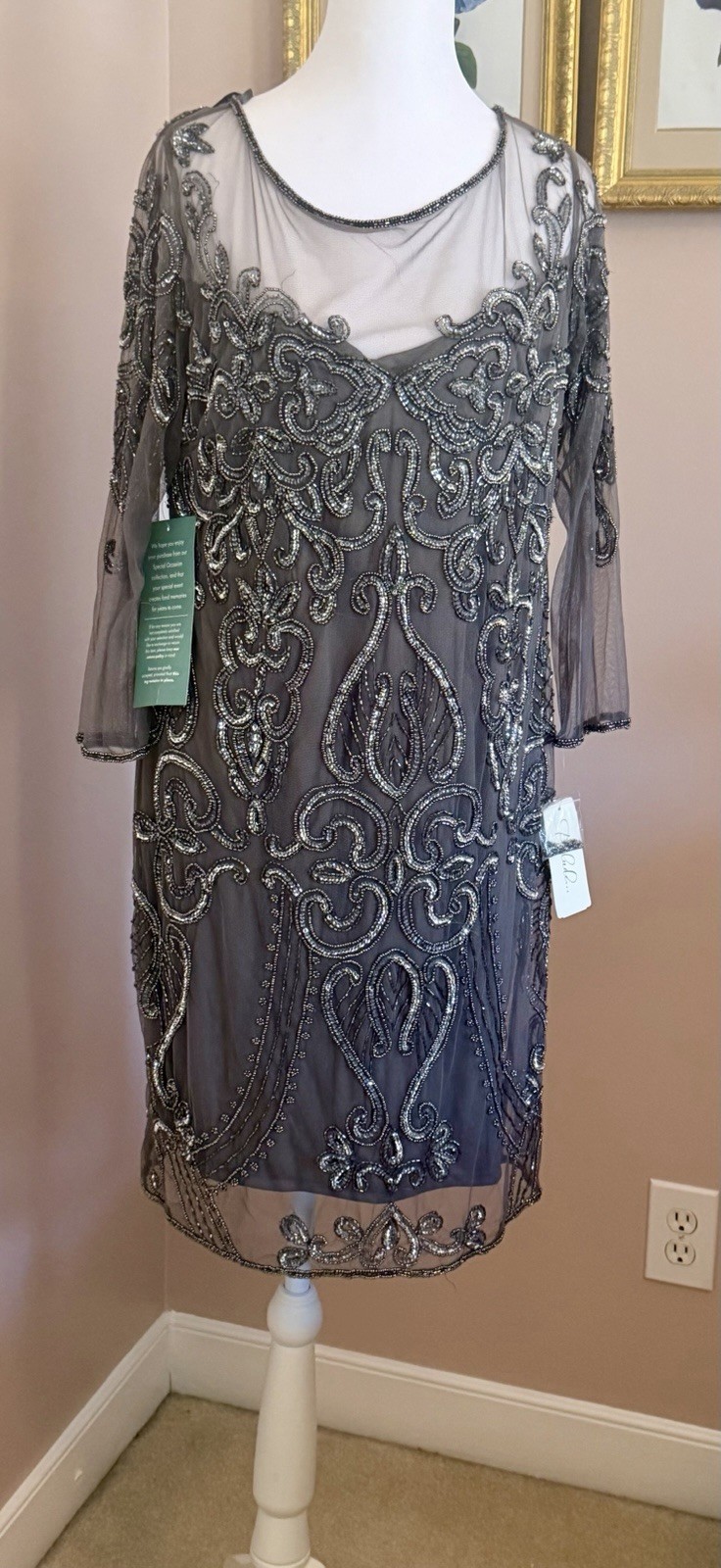 Embellished Gray Long Sleeve Beaded Dress