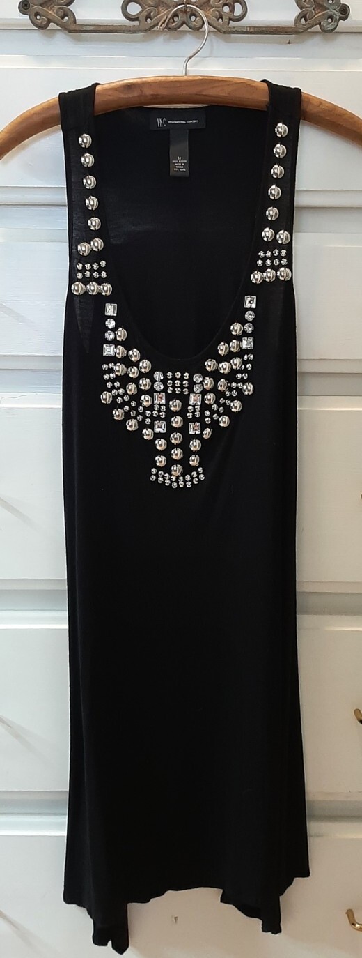 Inc Sz M Racerback Tank Dress Studded/Rhinestone Slip Shift Sheath Cover-Up Blk