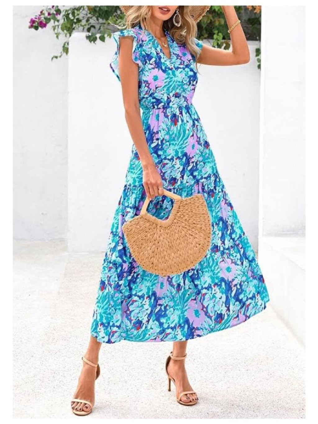 ✨ PRETTYGARDEN Floral Purple Blue Midi Dress Cap Sleeve V-Neck Medium NWT