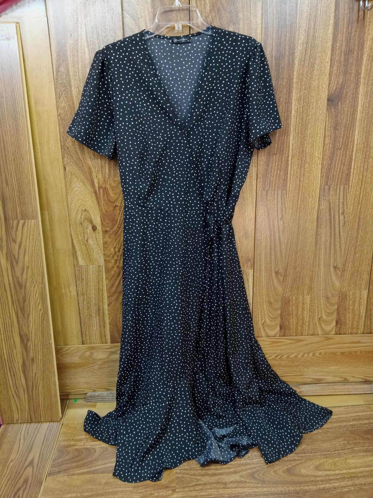 PRETTYGARDEN Dress Womens XL Black Polka Dot Maxi V Neck Single Snap & Wrap Belt