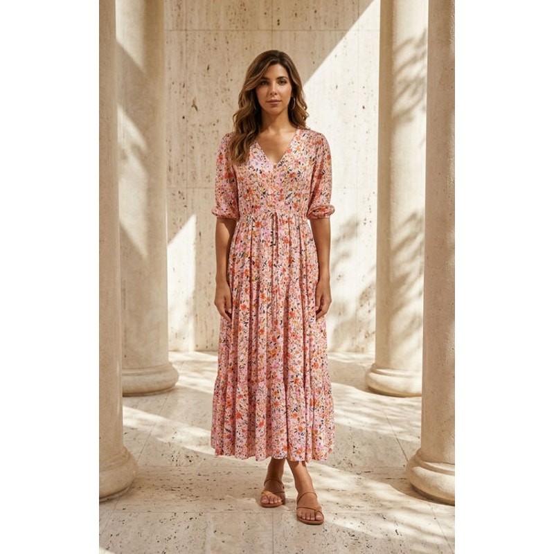 Petal & Pup Floral Button Front Drawstring Waist Tiered Kelda Midi Dress Size L