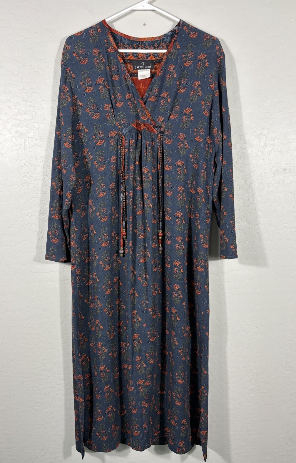 Vintage 90s Carole Little Floral Rayon Maxi Dress V-Neck Boho Cottagecore Size 4