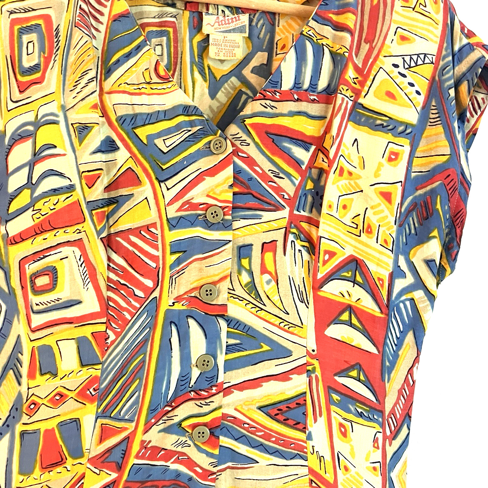Vintage Adini Abstract Geometric Rayon Midi Dress Made India L Colorful 90s
