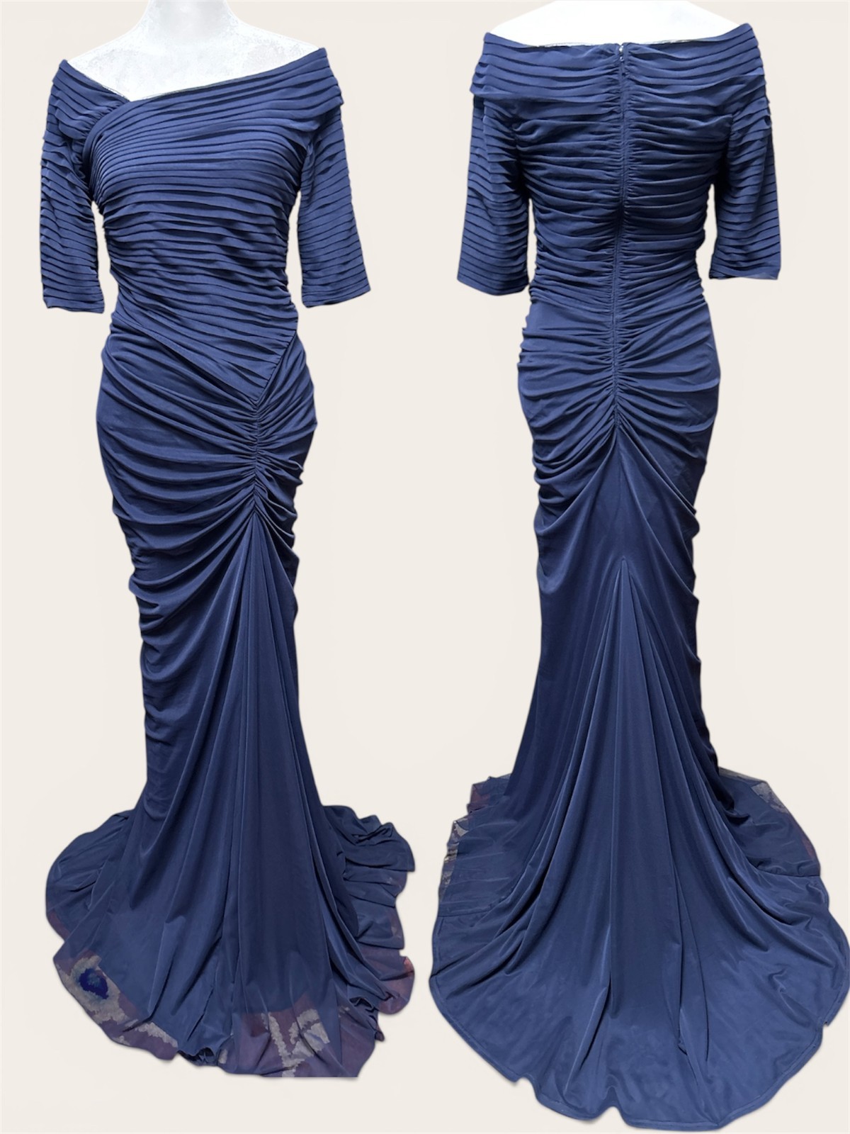 Tadashi Shoji Gown S Blue Ruched Draped Off Shoulder Mother Bride Formal Evening