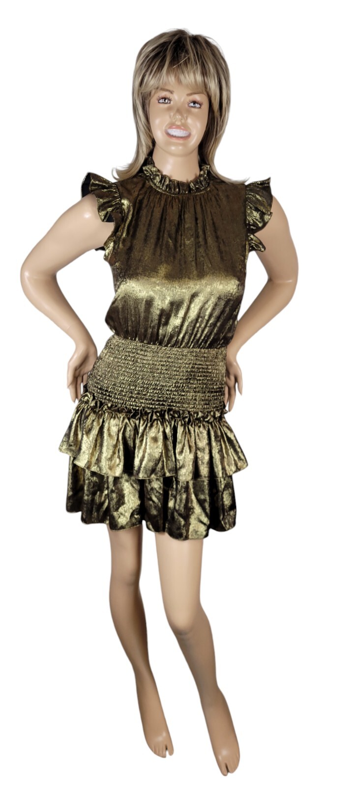 TCEC Metallic Gold Lame & Black Sleeveless Mini Cocktail Dress W/ Ruffles Sz M
