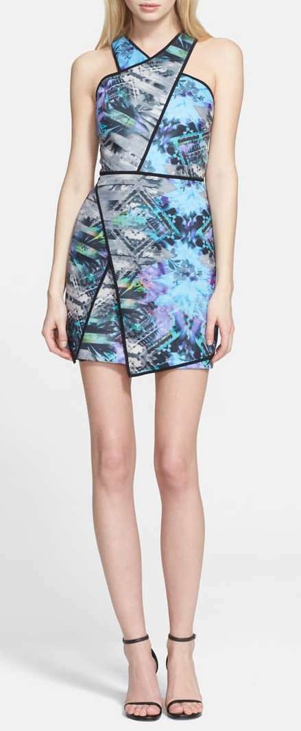 New Parker Blue Multi Tobias Scuba Neoprene Halter Stretch Bodycon Mini Dress M
