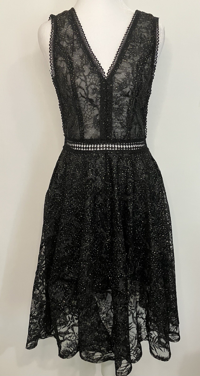 Glitter Mesh Sheer Lace Fit Flare Cocktail Dress Fairy Whimsygoth Indie Black XS