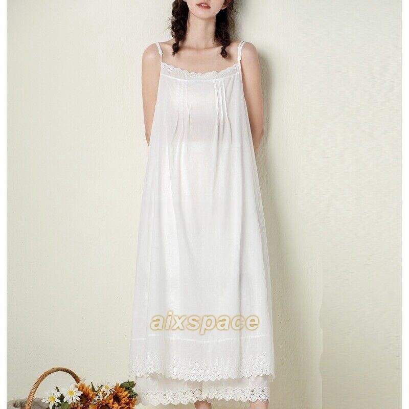 Lady 100% Cotton Camisole Full Slip Dress Cami Chemise Maxi Lace Dress Petticoat