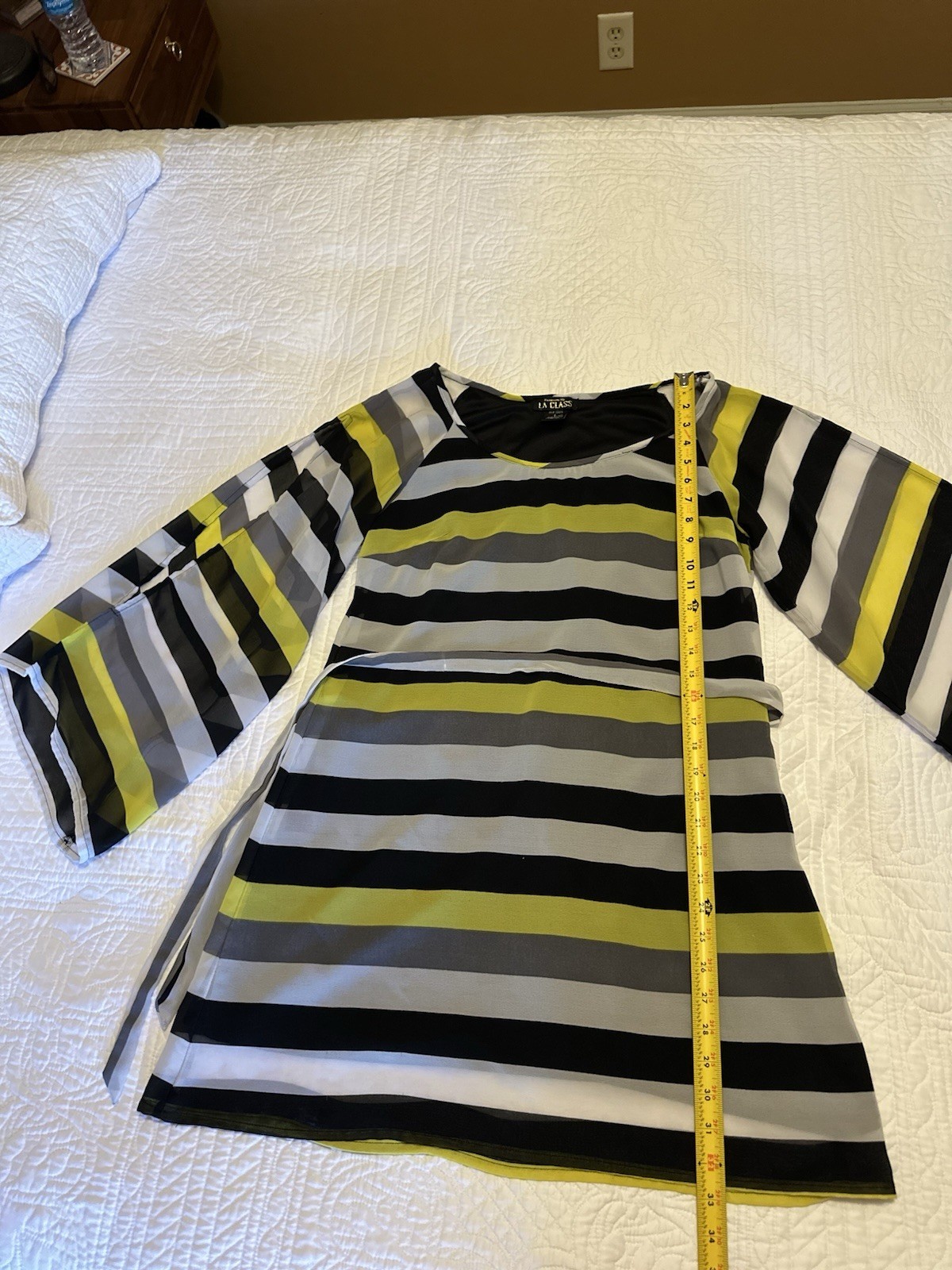 Striped Long Sleeve Belted Mini Dress In Black Gray And Neon Yellow Size L