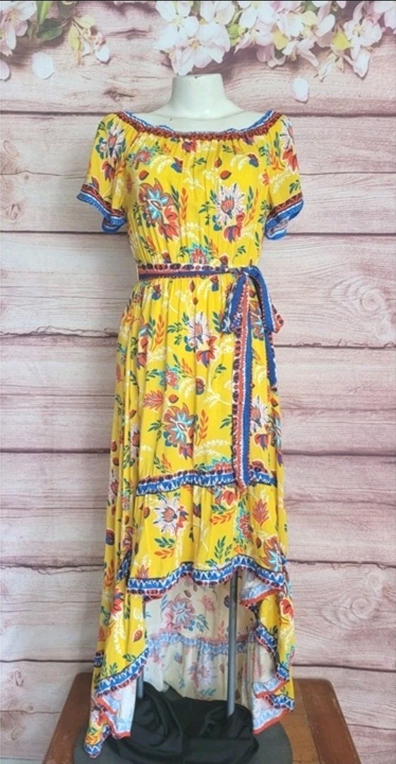 Flying Tomato Yellow Floral Off Shoulder Hi-Low Maxi Dress Women’s Medium