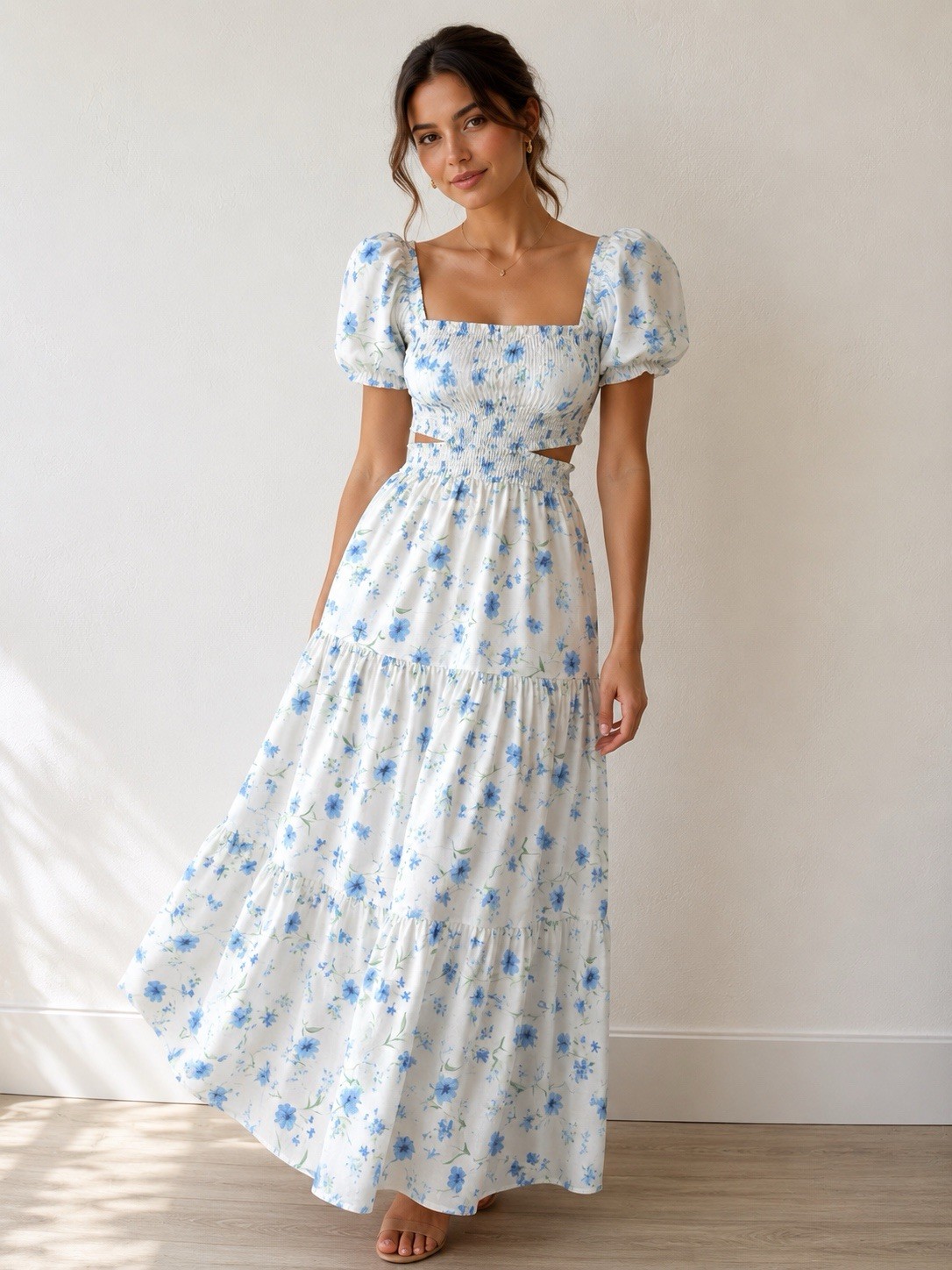 Altar’d State Blue Floral 2 Piece Maxi Dress Set Puff Sleeve Crop Top Skirt XXS