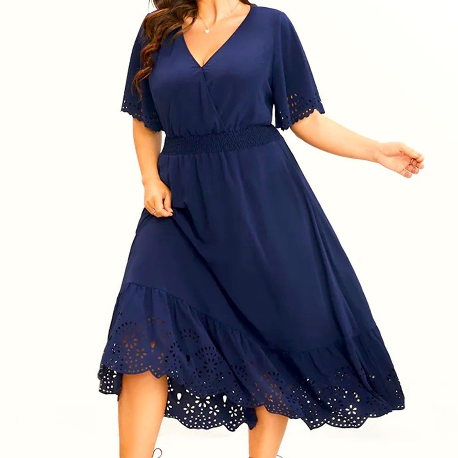 Solid Laser Cut Shirred Pocket Wrap Scalloped Trim Flutter Dress