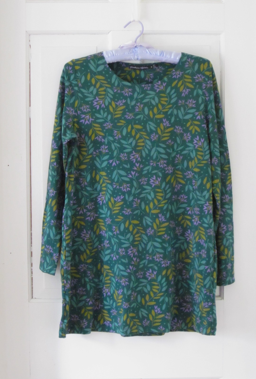 Gudrun Sjoden Leaf Tunic Dress Greens Lavender Organic Cotton Size M Lagenlook