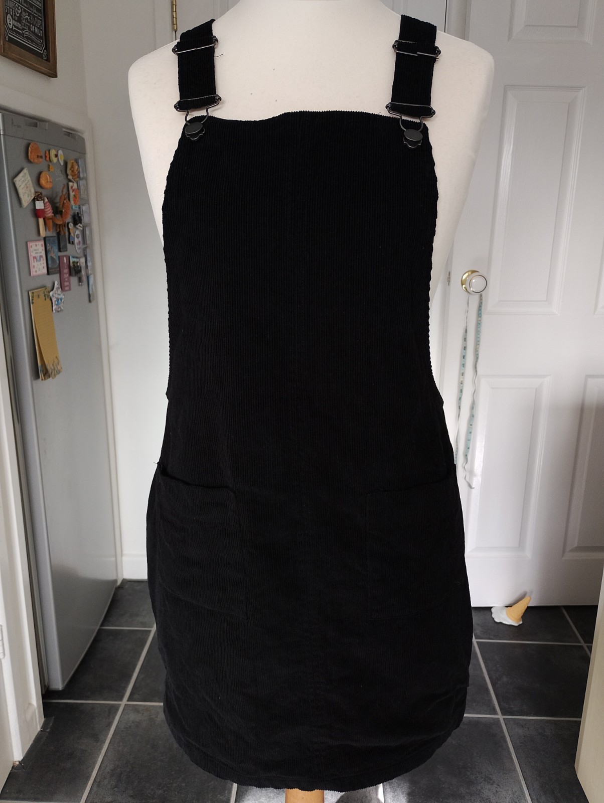 BLACK CORDED PINAFORE DUNGAREE DRESS SIZE 12 BY GEORGE