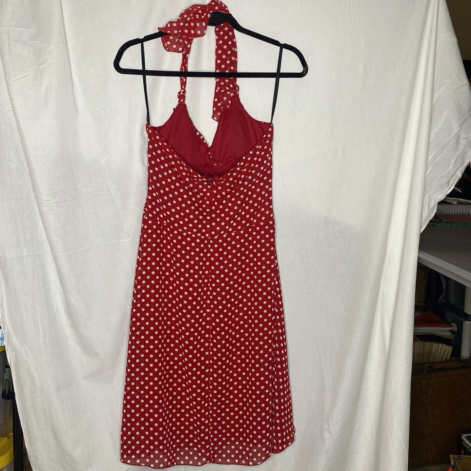 A Byer Polka Dot Halter Dress Womens 9 Surplice Faux Wrap Pinup Rockabilly Red