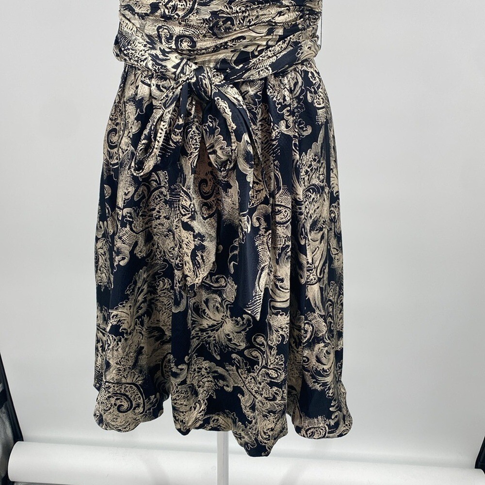 Y2K BCBGMaxAzria Silk Dress Size 8 Navy Blue Tan Strapless Bubble Hem Fairy Vtg