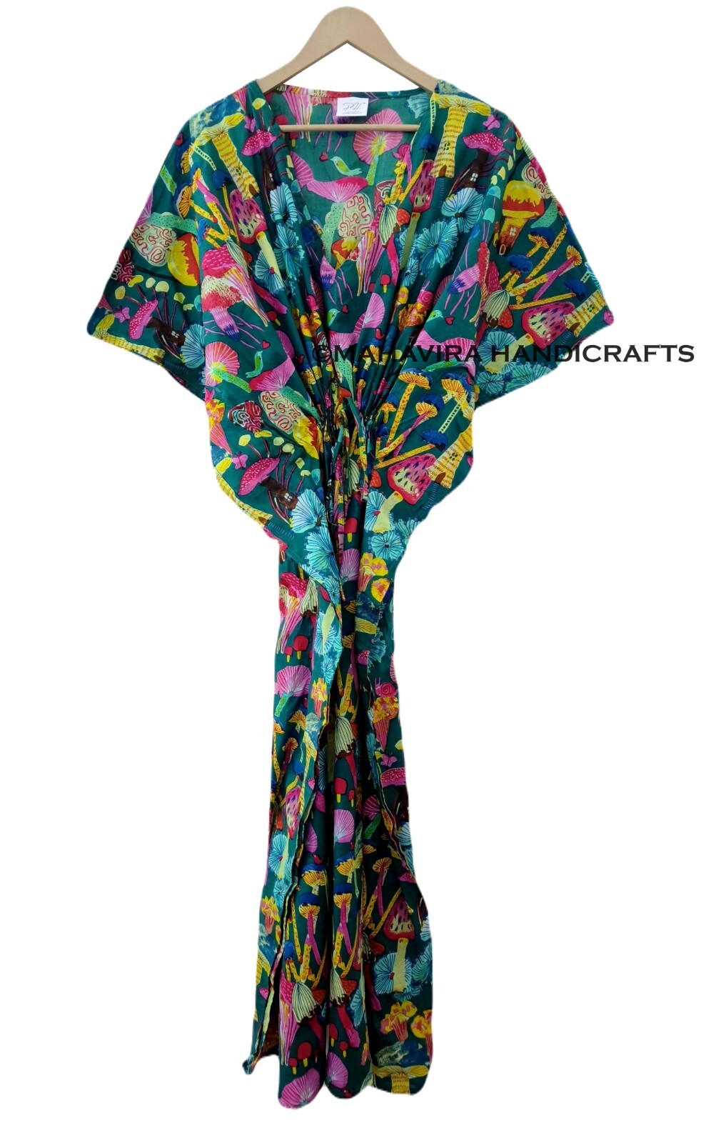 Indian Sea Green Cotton Loose Sleeve Mushroom Print Free Size Gypsy Caftan Dress