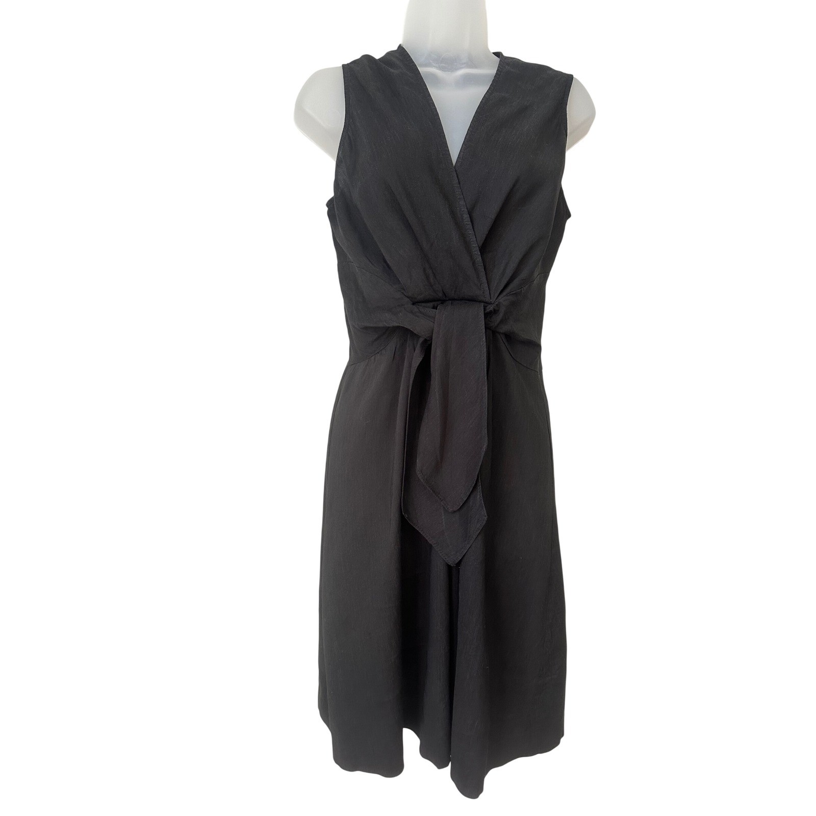 Theory Black Linen Blend Sleeveless V-Neck Tie Front Wrap Midi Dress Size 4