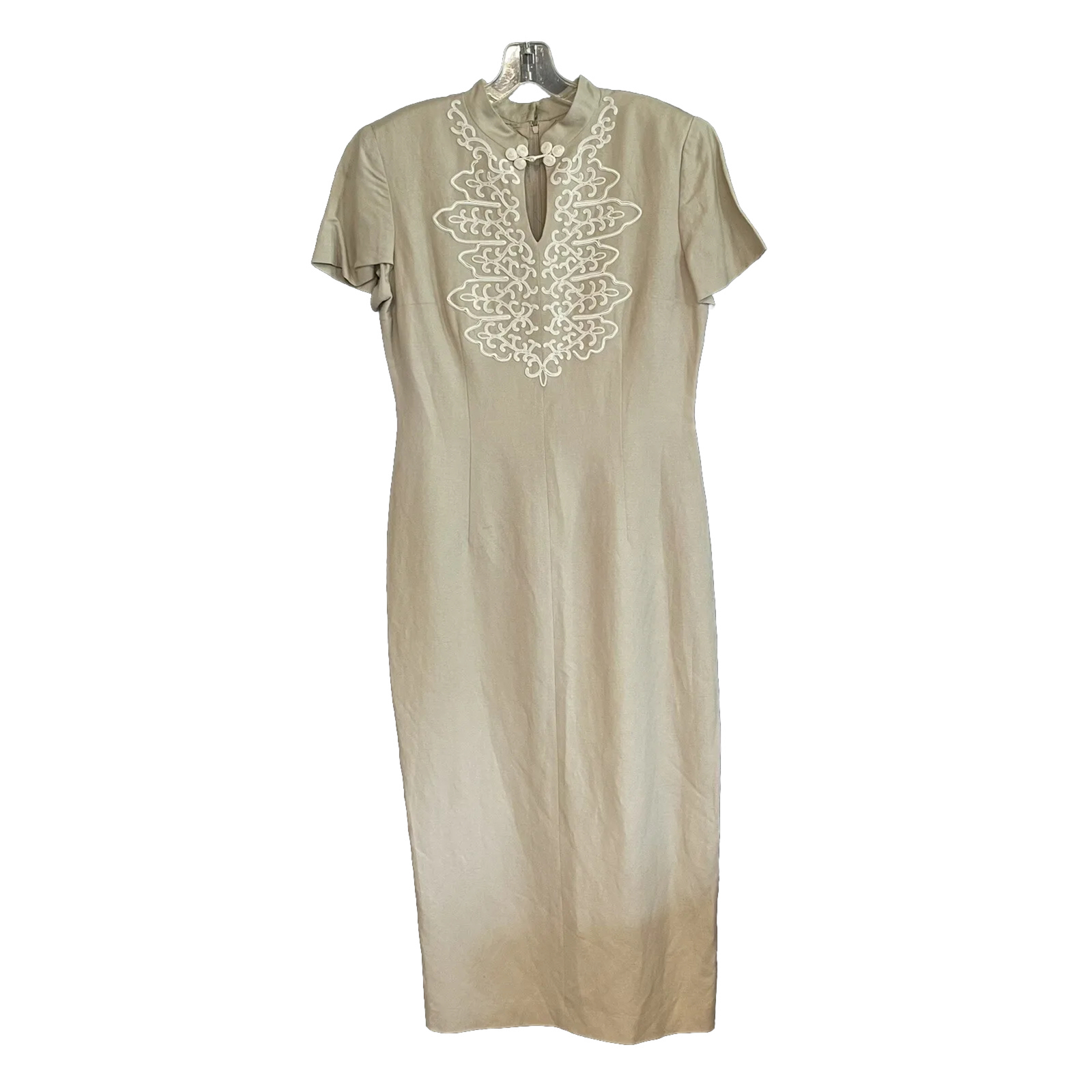Donna Morgan Size 8 Sheath Dress Cream Embroidered Mandarin Collar Short Sleeves