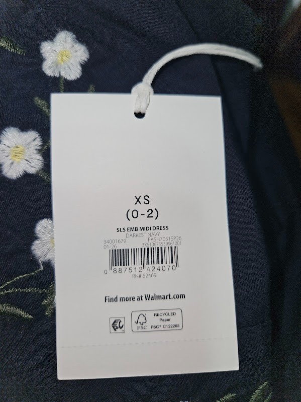 Free Assembly Cotton Midi Dress Navy Blue Floral Embroidered Size XS (0-2)