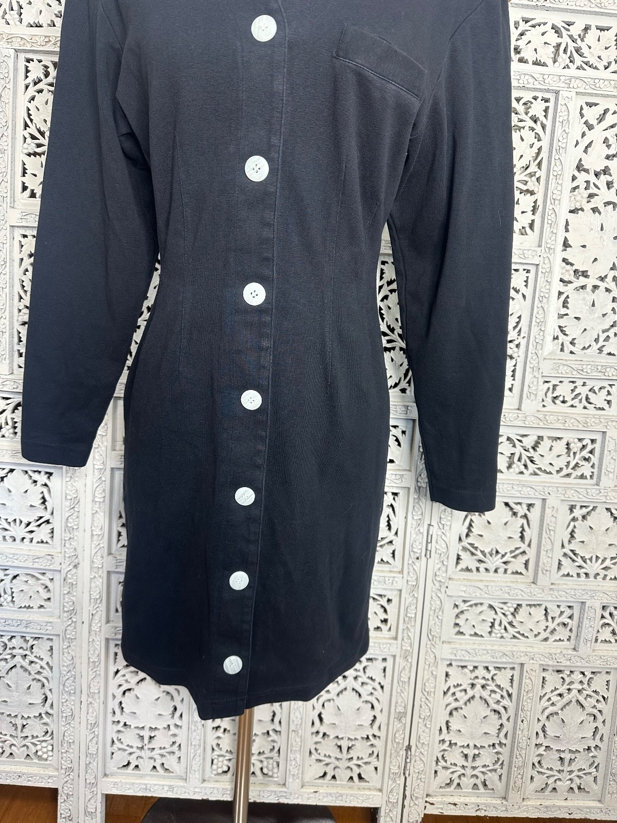 Vintage Brass Plum Nordstrom Black Strong Shoulder Long Sleeve Button Up Dress