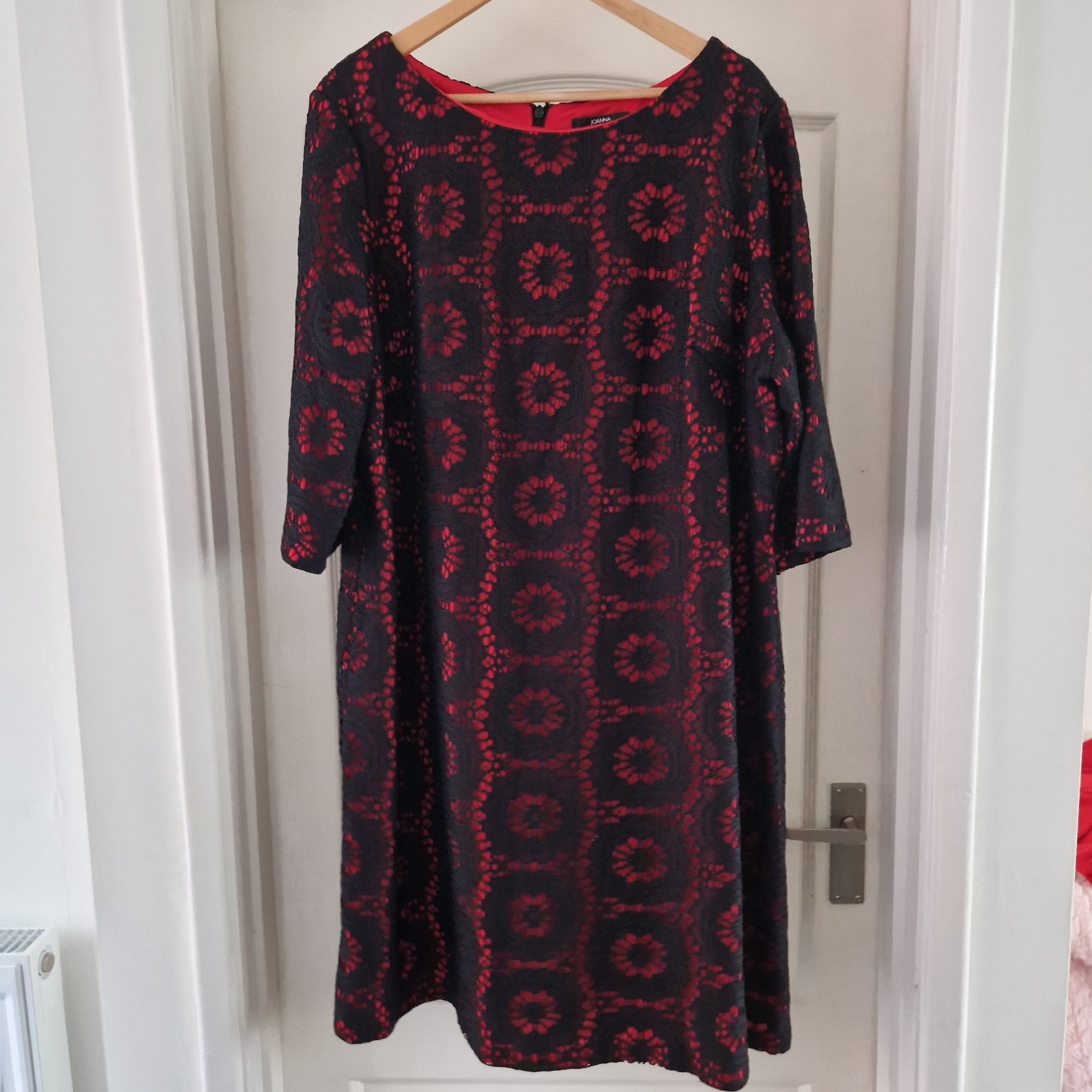 Joanna Hope Plus Size 30 Dress Black Lace Red Lined Knee Length 3/4 Sleeve Party