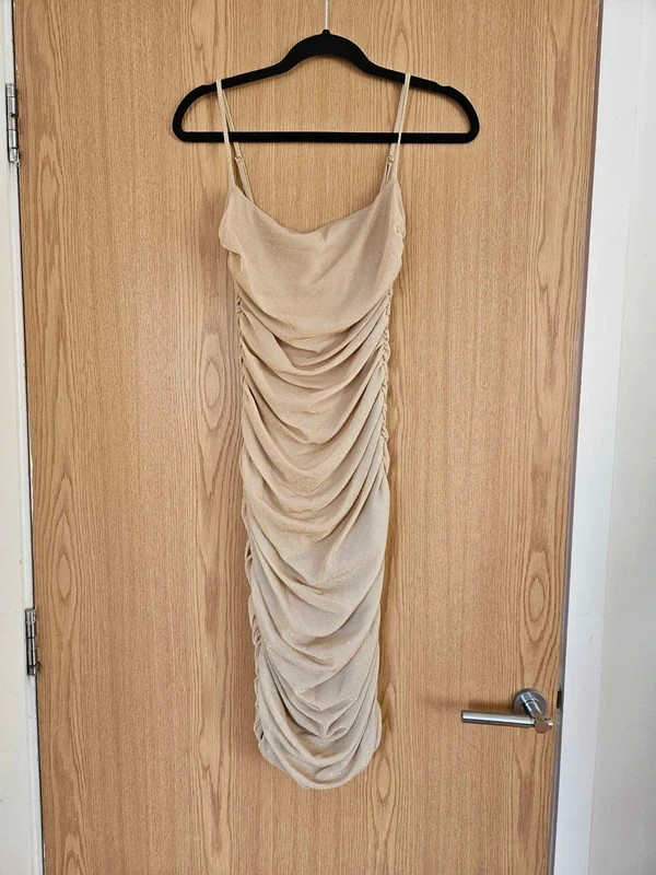 Oh Polly Twilight Shimmer Straight Neck Ruched Midi Dress in Gold