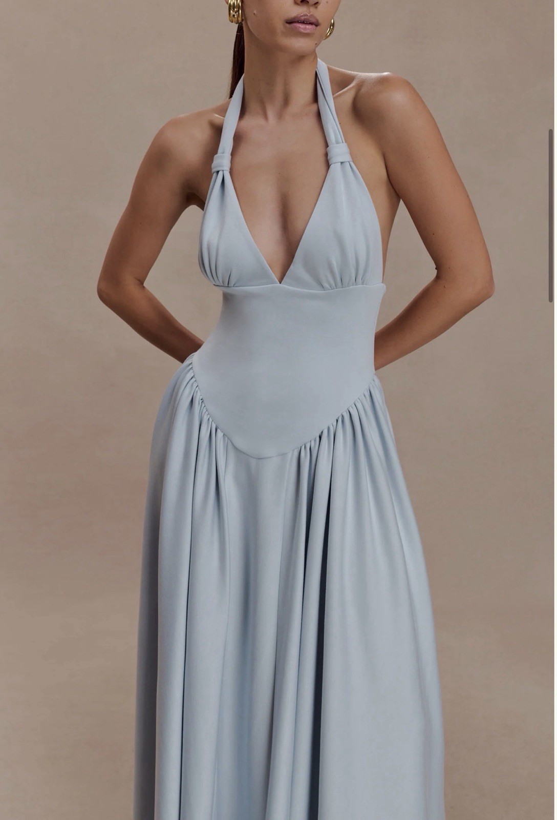 Meshki Women’s Light Blue Halter V-Neck Backless Maxi Dress XS