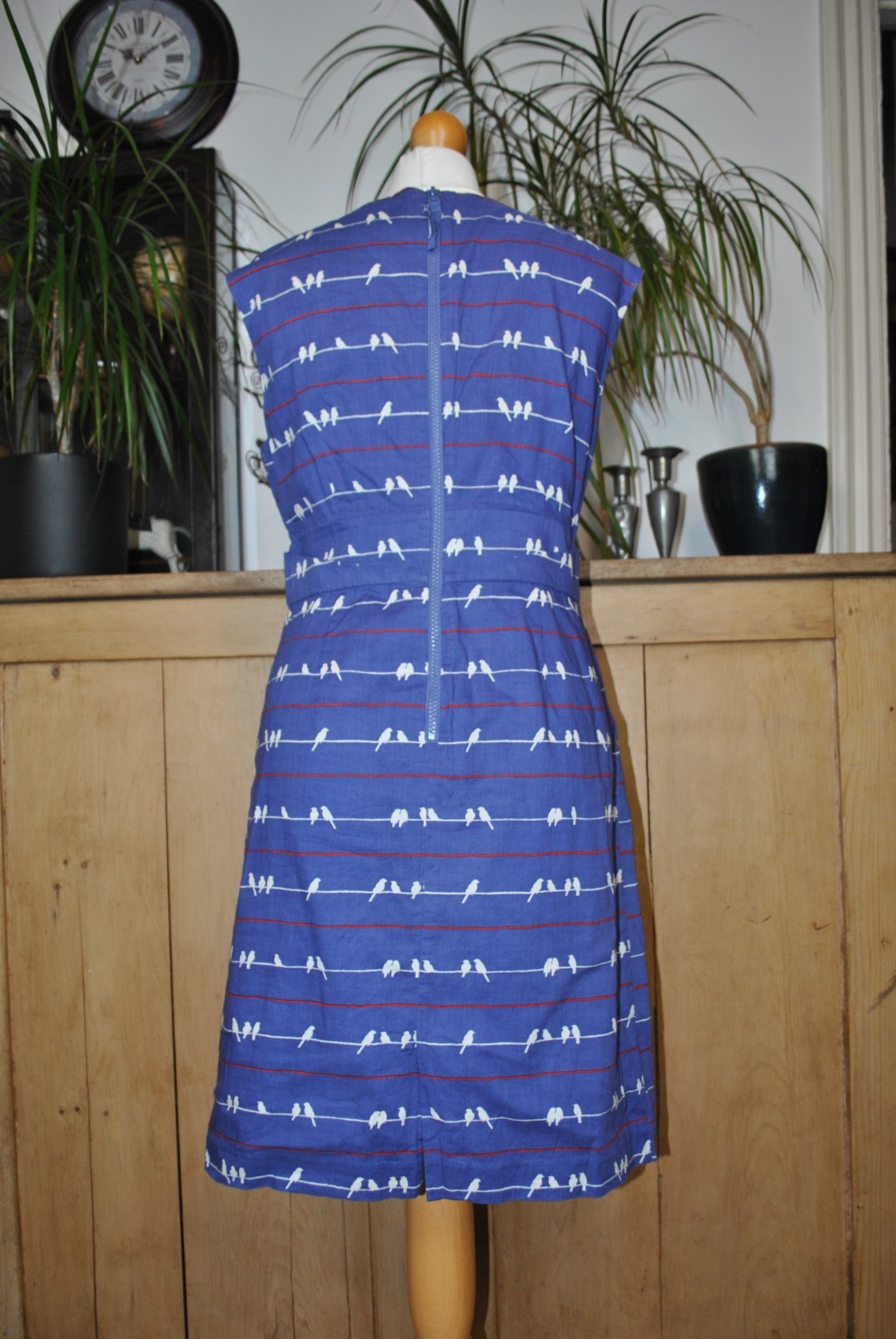 Poem by Oliver Bonas Blue Bird Print Cotton Sleeveless Fit & Flare Dress Size 12