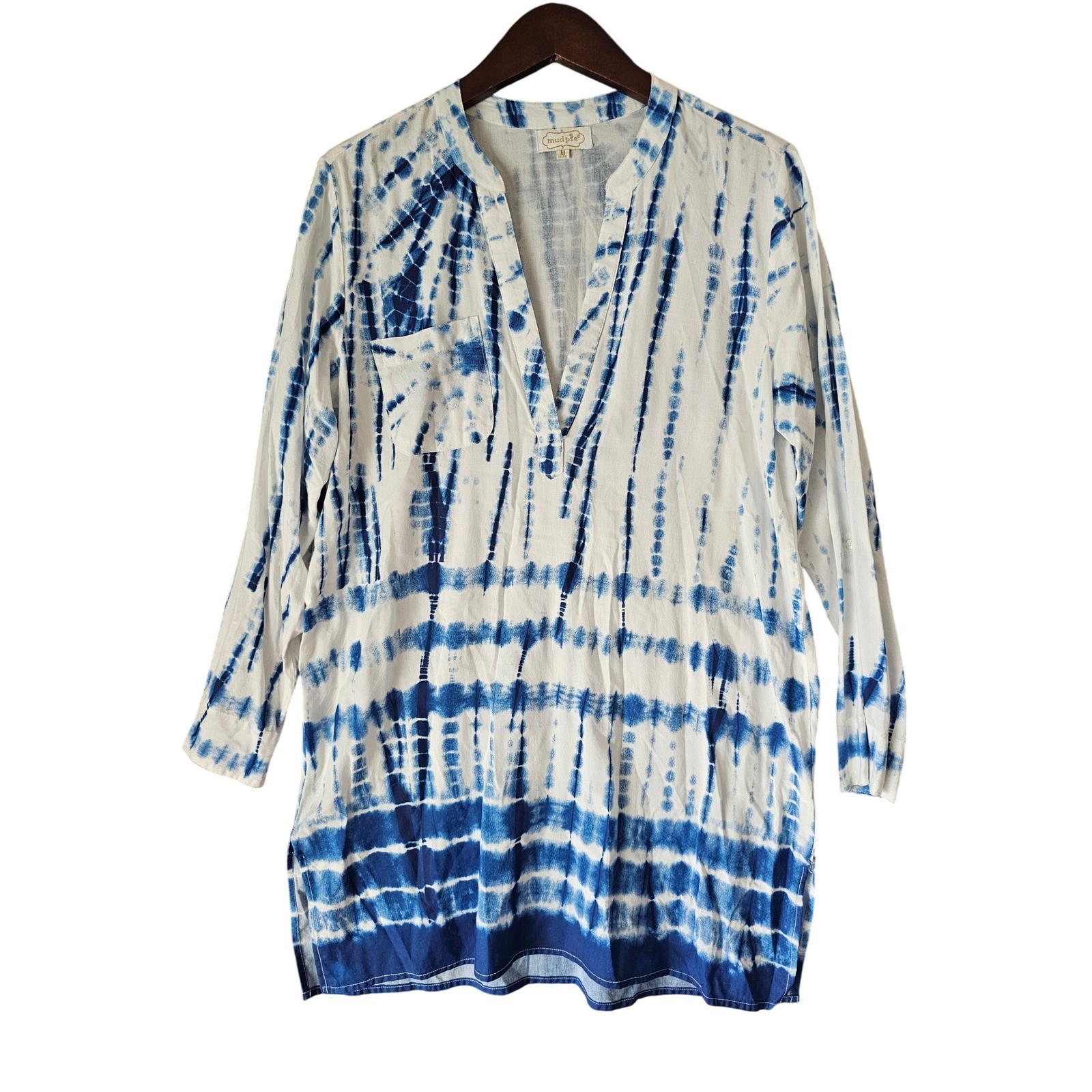 Mud Pie Blue Tie Dye Cover Up Tunic Top Women’s Size M Beach Resort