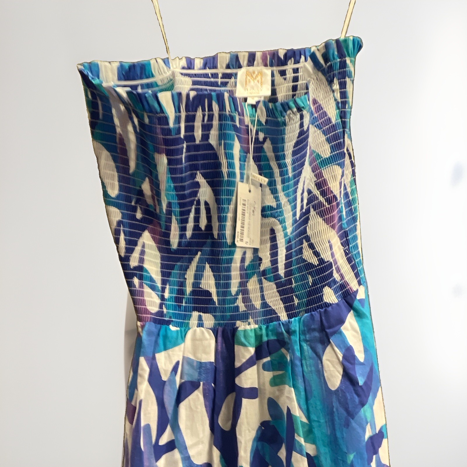 MILLY Womens Strapless Smocked Maxi Dress Abstract Blue White Purple Size M