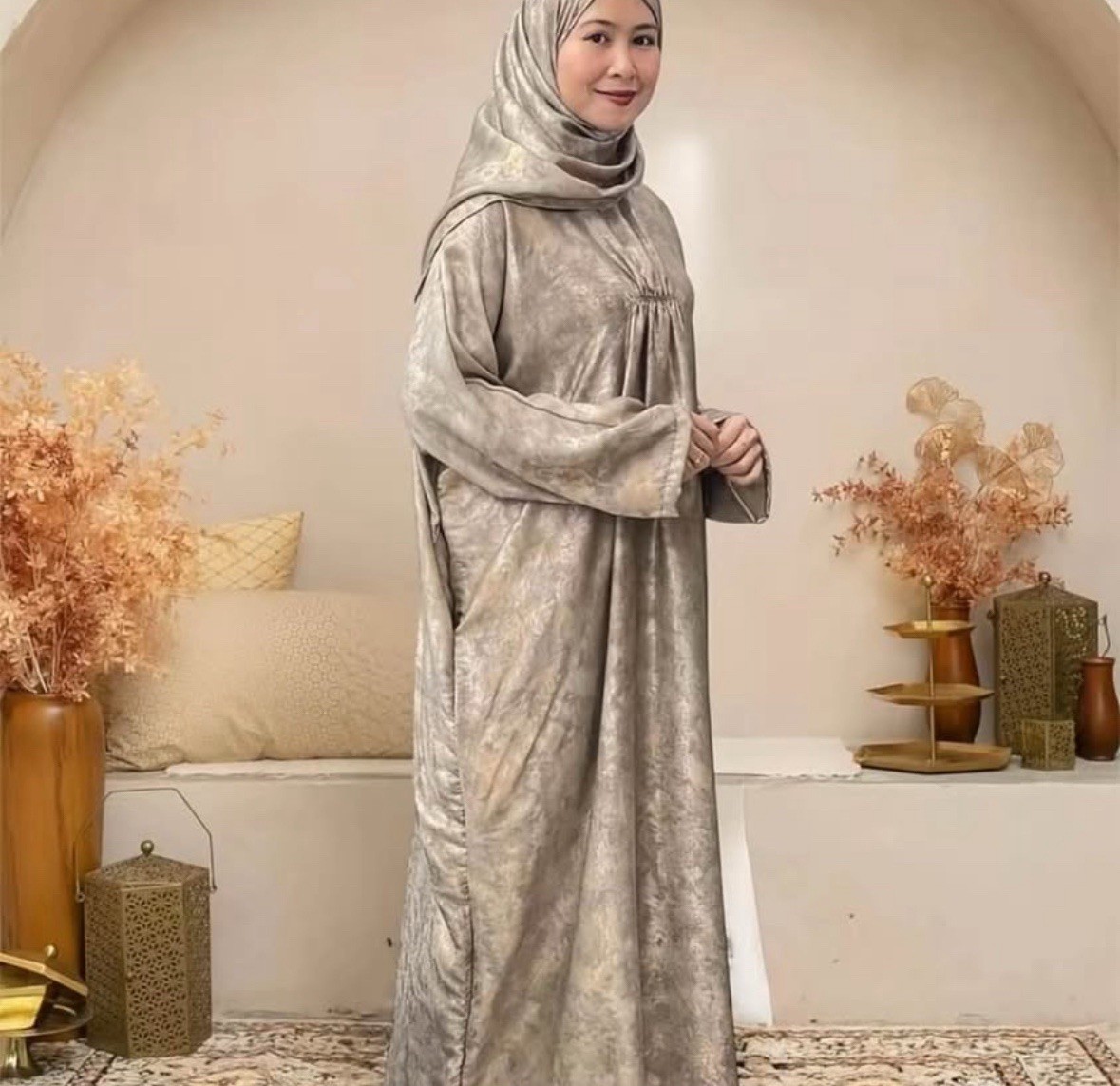 From Malaysia Abaya Satin Foil Kaftan Ironless+Shawl Set