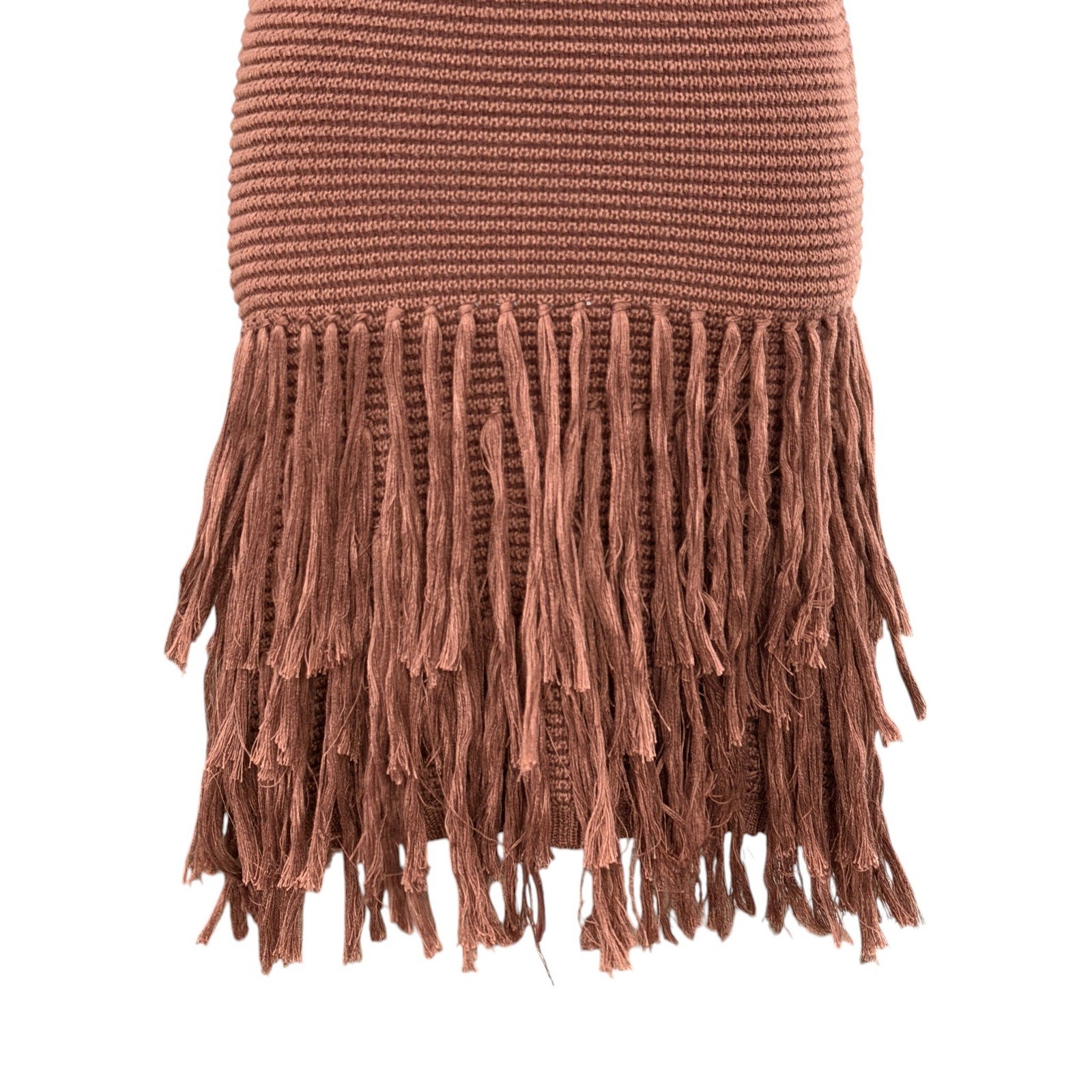 Musera Open Back Fringe Knit Mini Dress XS Brown Boho Western Festival Cowgirl