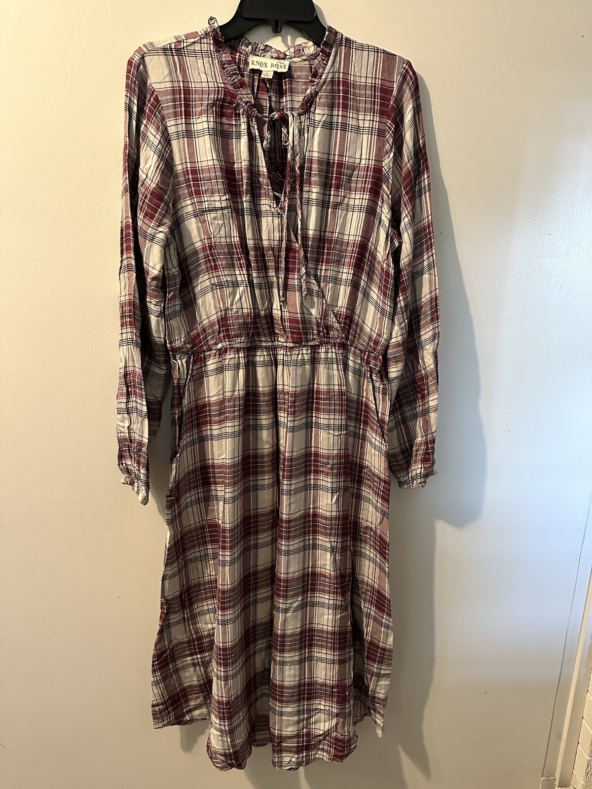Knox Rose Maroon Plaid Long Sleeve Sheath Dress Size L tie up neck line NWT