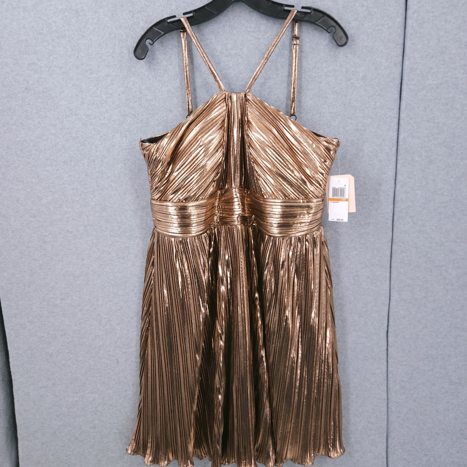 City Studios Pleated Metallic Gold Lame Babydoll Mini Dress Juniors Plus NWT