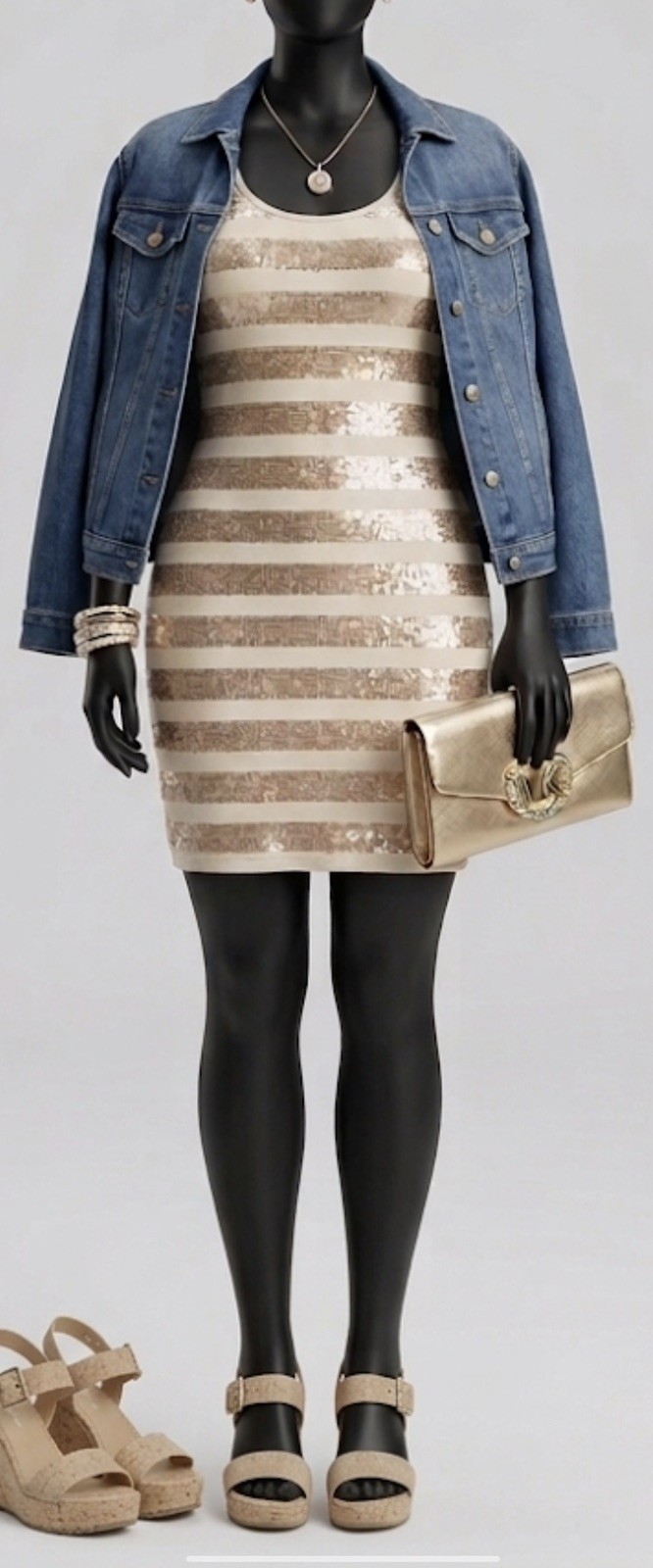 $150 Michael Kors Dress XL Tan Gold Sequin Striped Sleeveless Stretch Versatile