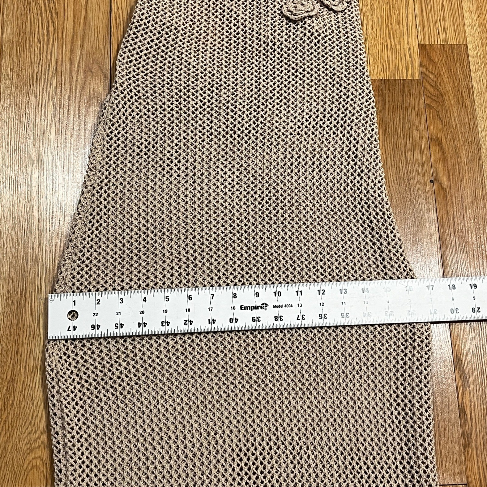 Beige Crochet Knit Halter Maxi Dress M Rosette Floral Open Back Boho Beachwear