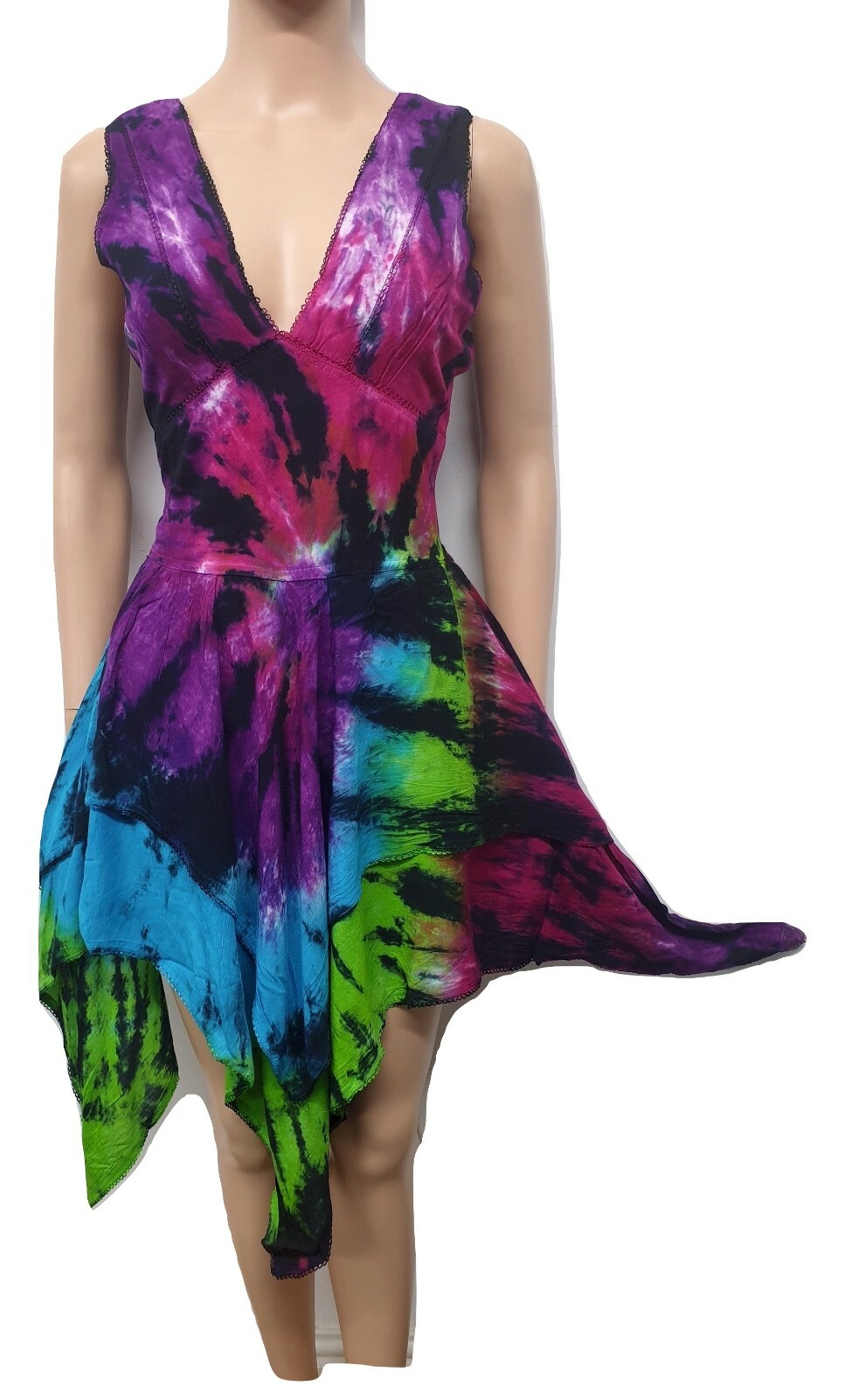 Boho Dress Tie Dye Summer Pixie Asymmetric Flowy Rayon One Size 8 10 12 14