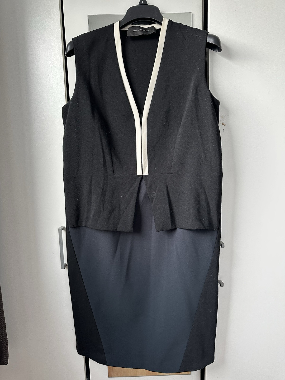 CEDRIC CHARLIER Dress Sleeveless 2 Shades of Black with Cream Neck piping Italy