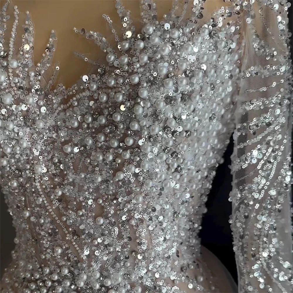 Illusion Neck Long Sleeve Beaded Mermaid Tulle Overskirt Evening Gown Train