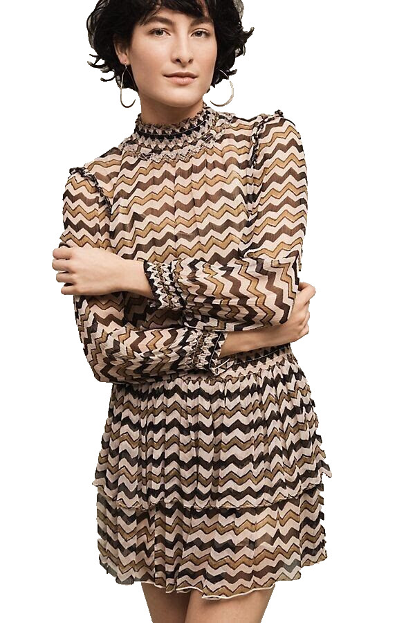 Anthropologie HD in Paris Mini Dress Smocked Ruffled Tier Chevron Sierade 6 NWT