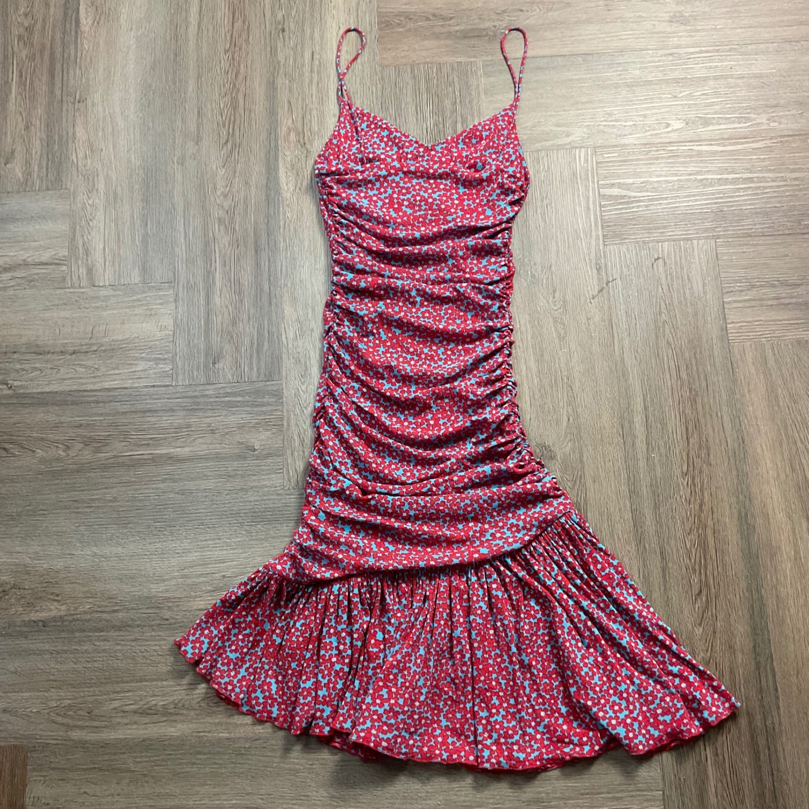 Diane von Furstenberg DVF Louie Floral Ruched Mesh Ruffle Dress Small Red Blue