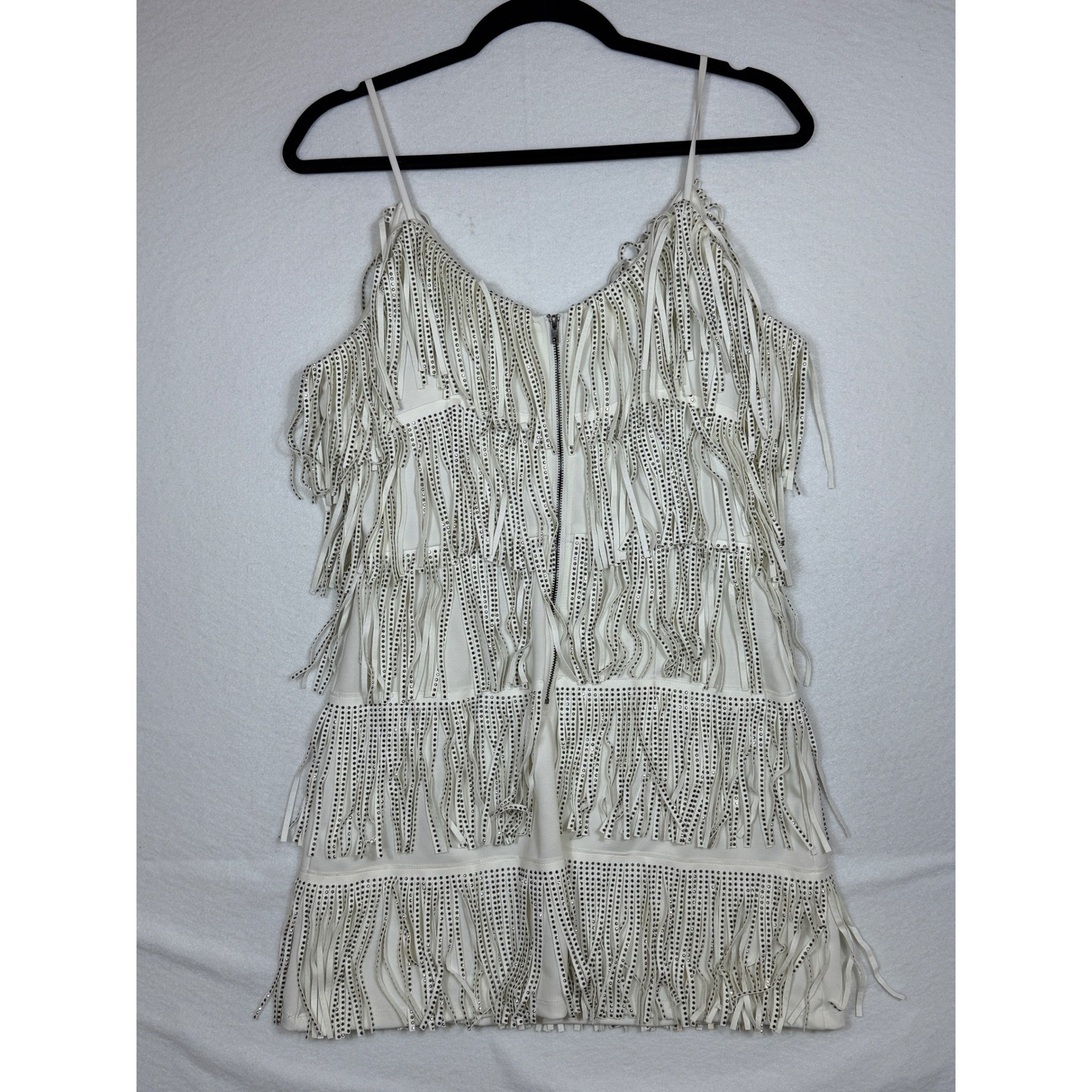 NYLON APPAREL Rhinestone Fringe Mini Dress White Spaghetti Strap Party Size M