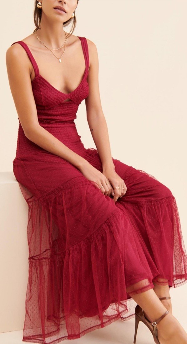 Anthropologie Raspberry Solid Tulle Maxi Dress, Smocked Ruffle V-Neck, S