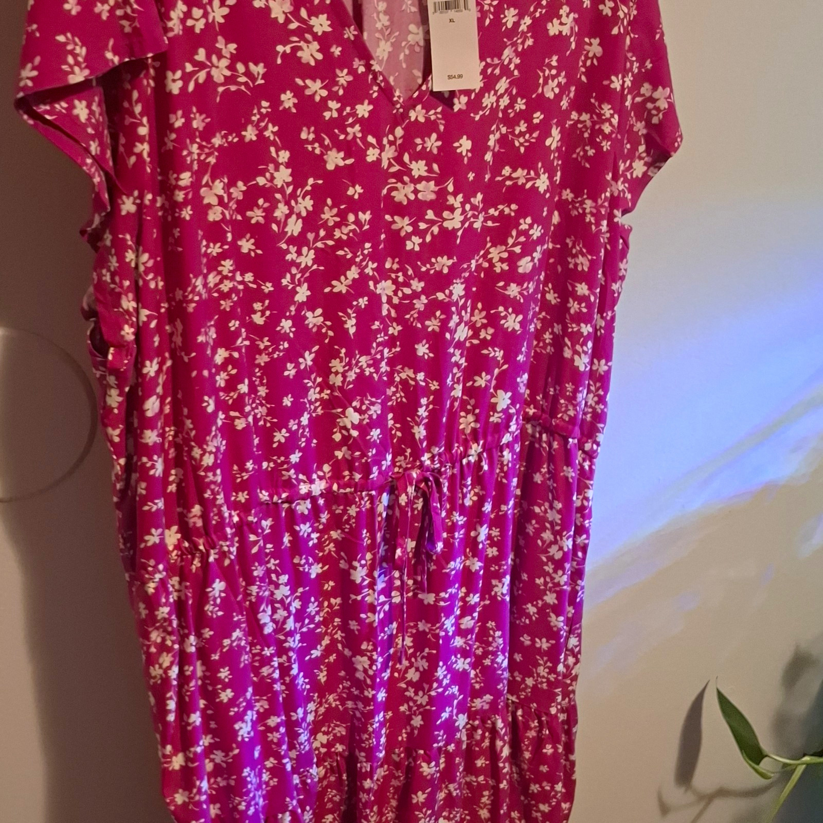 GAP Pink White Floral V-Neck Flutter Sleeve Tie Waist A-Line Midi Dress XL