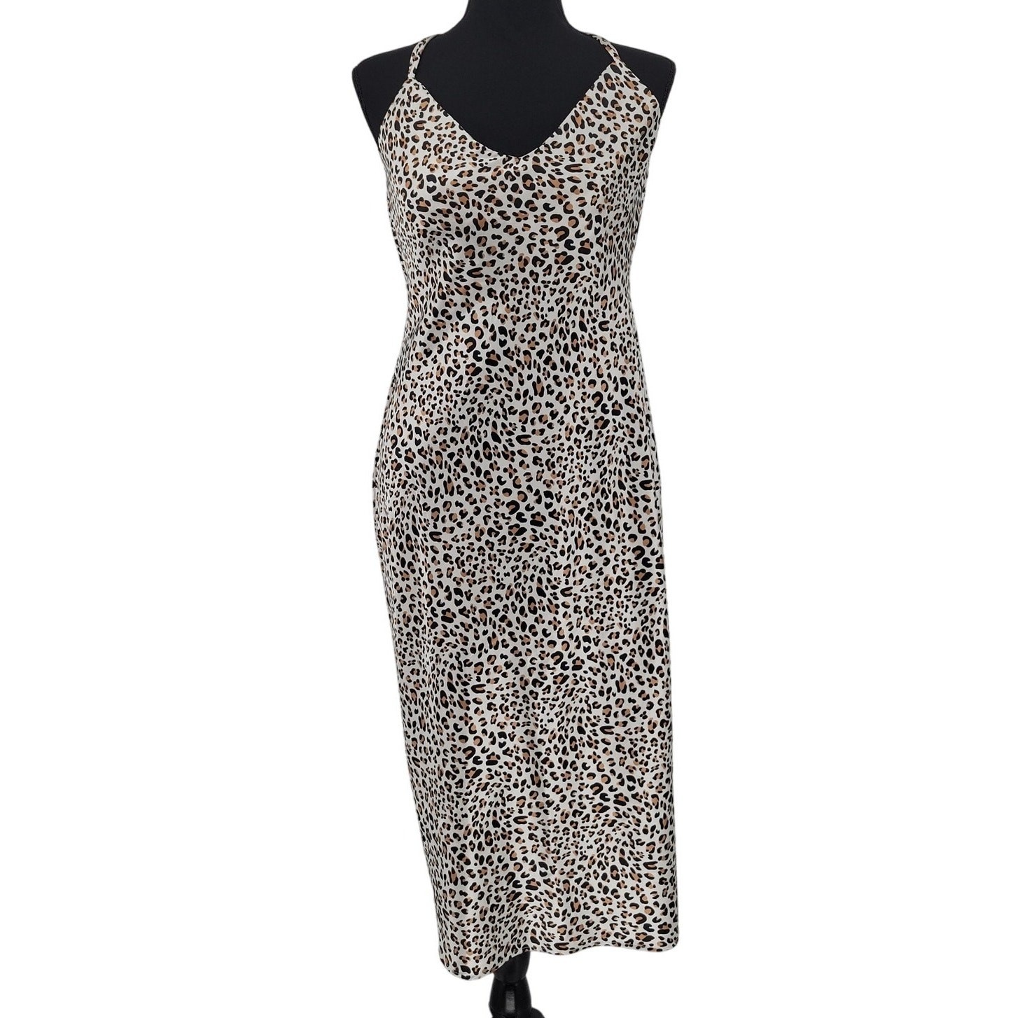 Everly Leopard Print Slip Midi Dress Womens Size L Cowl Back V-Neck Date Night