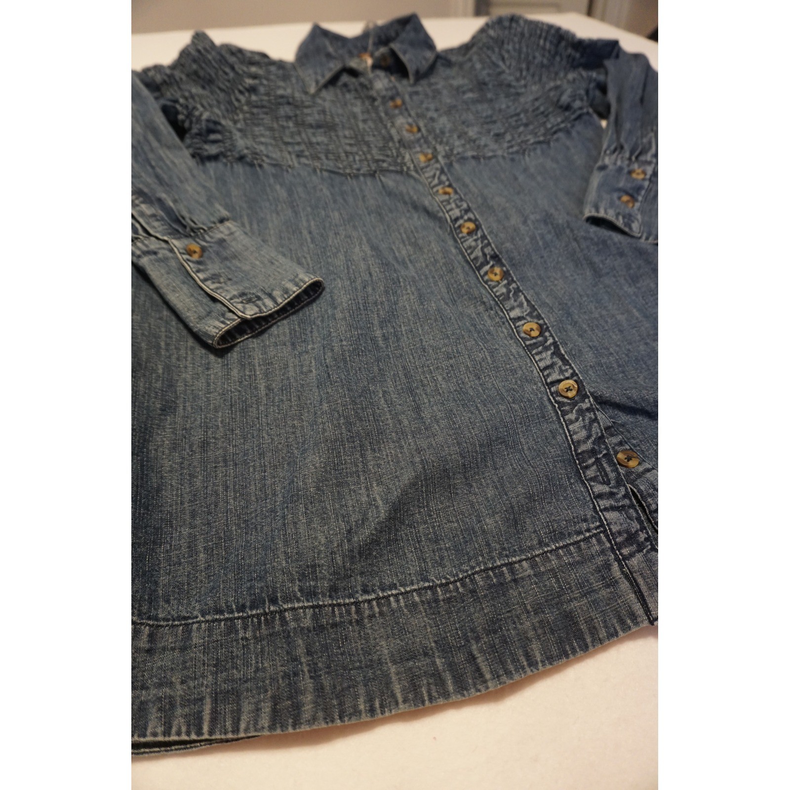 Free People Smocked Denim Button Down Mini Dress Medium Wash Blue Boho XS