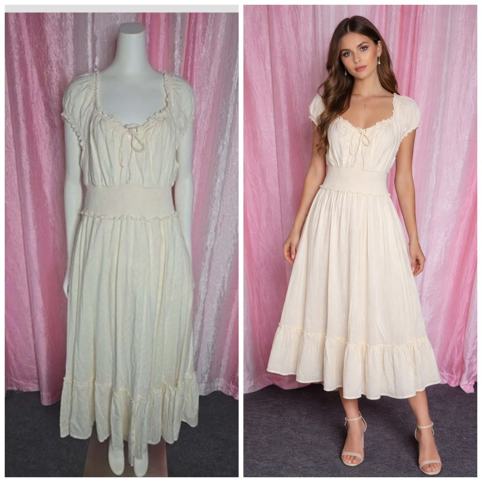 Old Navy Cream Cottagecore Clip Dot Layered Lined Prairie Dress Size Large