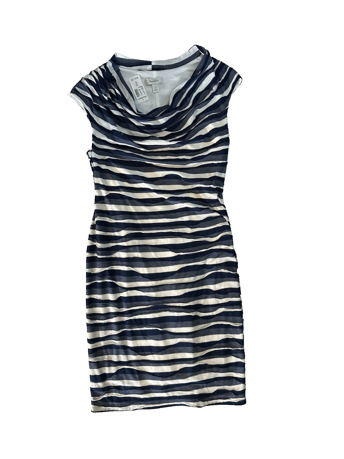 Dressbarn dark blue, light blue, and white stripe sleeveless stretch knit dress